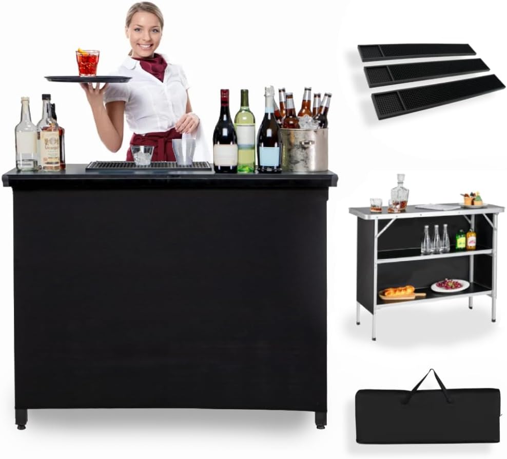 Professional Grade Outdoor Portable Bar Station with Black Skirt - Mobile Travel Table Set - Bartender Folding Stand Alone Counter Table