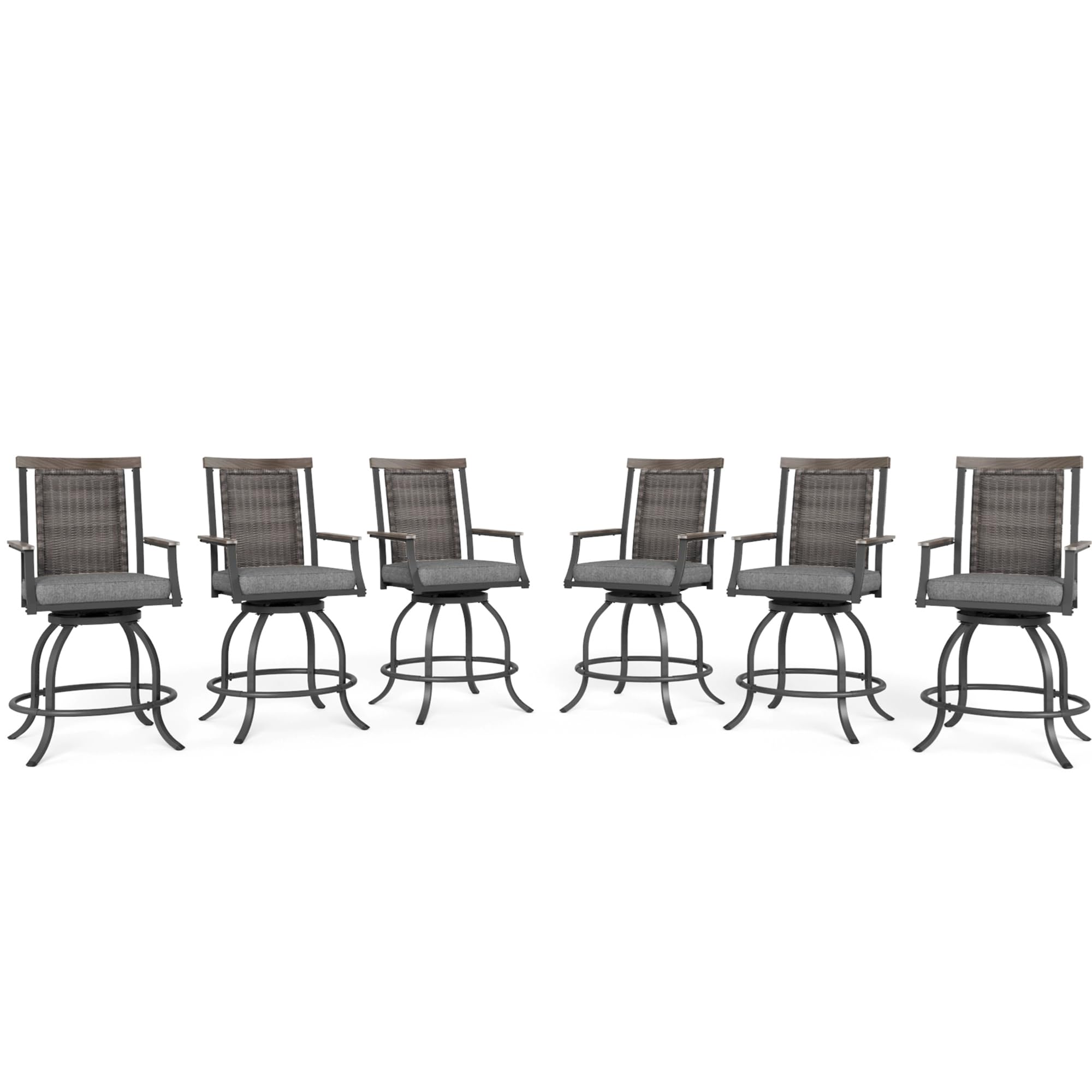 MFSTUDIO Outdoor Counter Height Bar Stool Set of 4, Swivel Rattan Backrest Metal Patio Bar Chair with Armrest and Cushion, All Weather Resistant Patio Chair, Grey