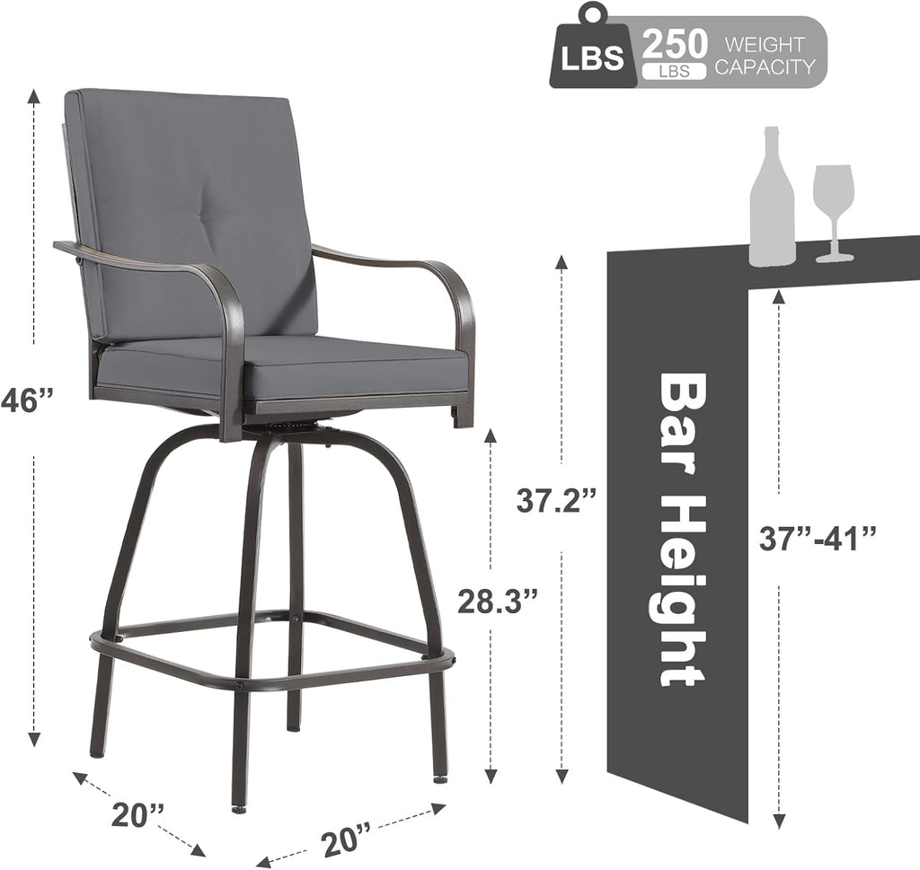 Patio Swivel Bar Stools Set of 2, Outdoor Bar Height Swivel Chairs with Cushions for Garden Balcony Backyard, Grey