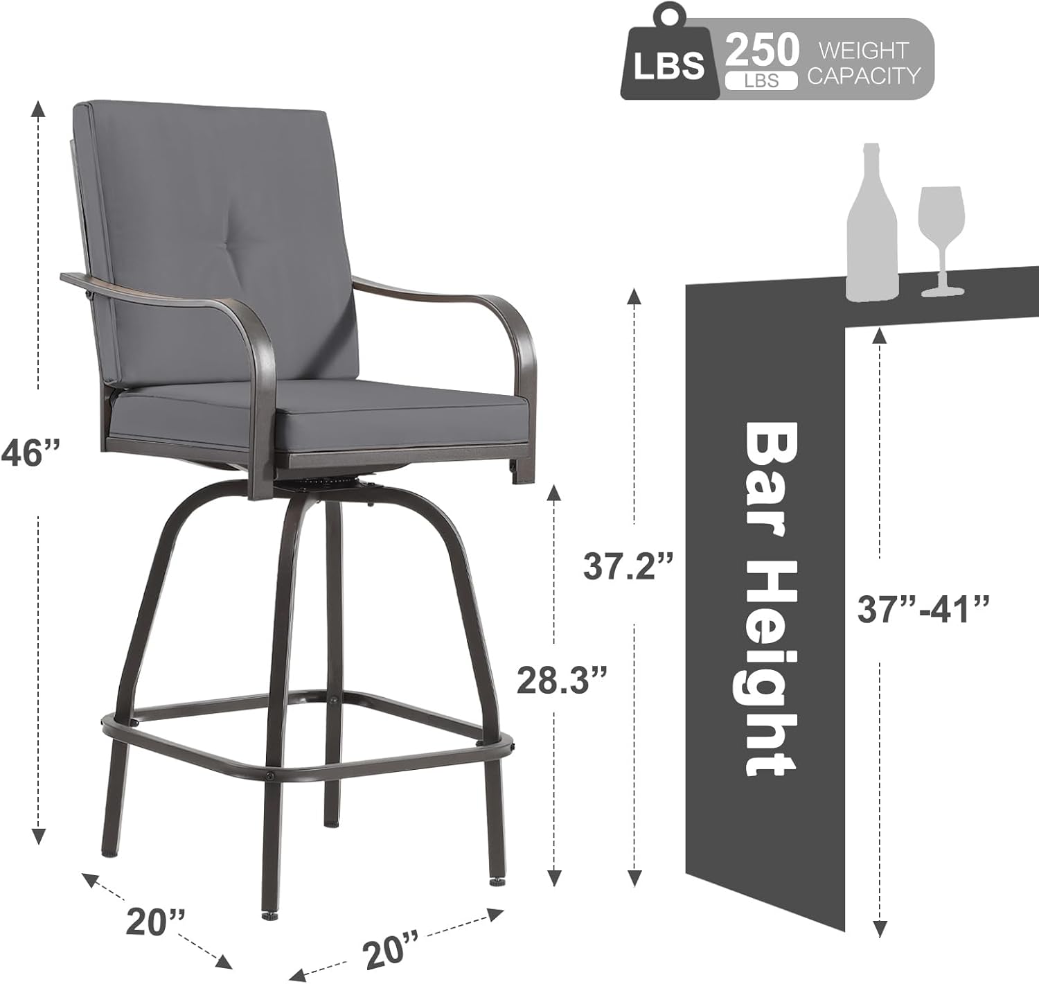 Patio Swivel Bar Stools Set of 2, Outdoor Bar Height Swivel Chairs with Cushions for Garden Balcony Backyard, Grey