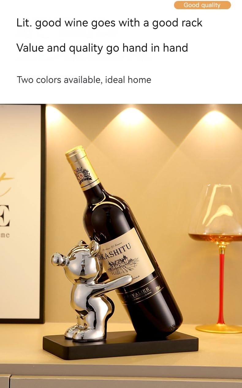 Decorative Wine Bottle Holder Stand, Gold and Silver Bear Figurines, 8.5 x 4 x 6.3 Inches, Set of 2,small wine rack,wine racks countertop,wine decor,gold wine rack,gift for wine lover,liquor display.