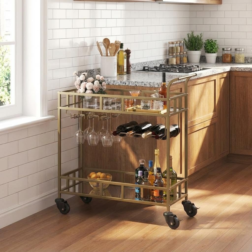 2-Tier Rolling Bar Cart with Mirrored Shelves, Portable Metal Beverage Cart with Wine Bottle Racks & Glass Holders, Compact Serving Cart on Wheels for Home, Kitchen, Dining Room, or Parties, Black