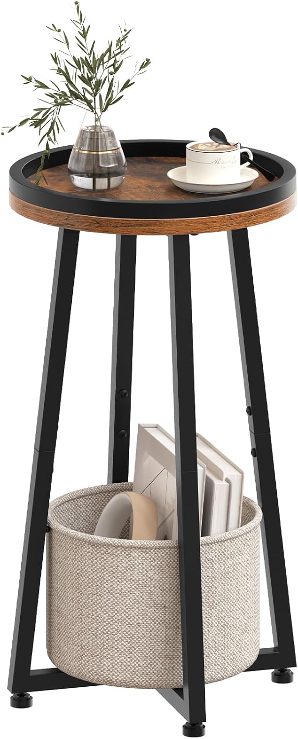 HOOBRO Small Round Side Table, 2-Tier Round Sofa End Table, Compact Nightstand with Cotton Linen Storage Basket, for Small Space, Living Room, Bedroom, Dorm, Rustic Brown BF183BZ01