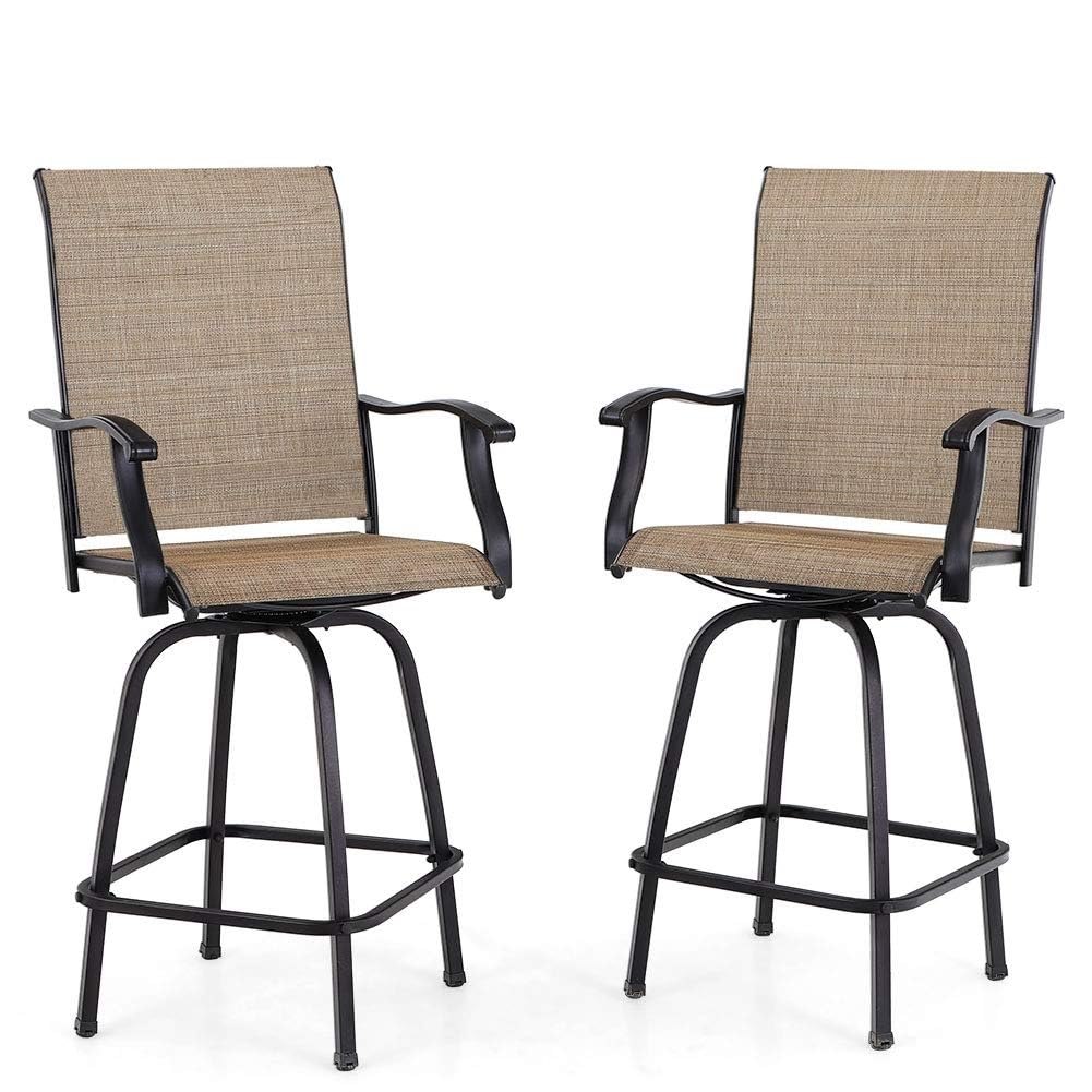 PHI VILLA Outdoor Swivel Bar Stools Set of 2, High Top Patio Chairs with Padded Textilene Seating, All-Weather Bar Height Furniture for Kitchen or Outside, Padded Brown Textilene