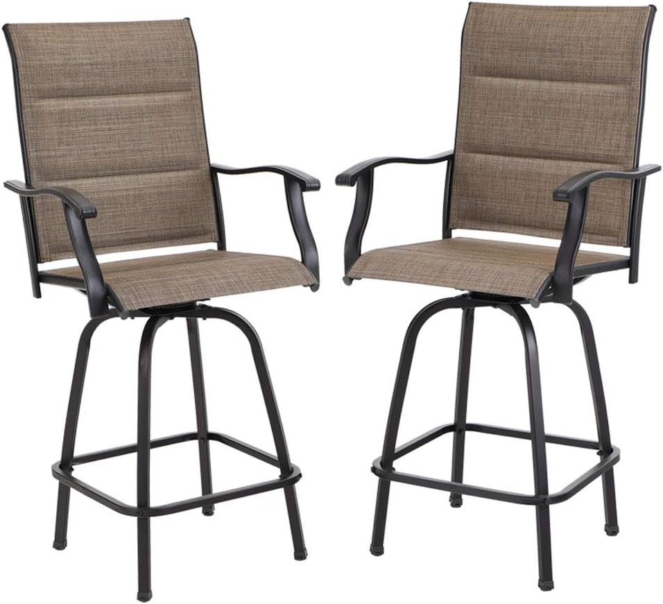 PHI VILLA Outdoor Swivel Bar Stools Set of 2, High Top Patio Chairs with Padded Textilene Seating, All-Weather Bar Height Furniture for Kitchen or Outside, Padded Brown Textilene