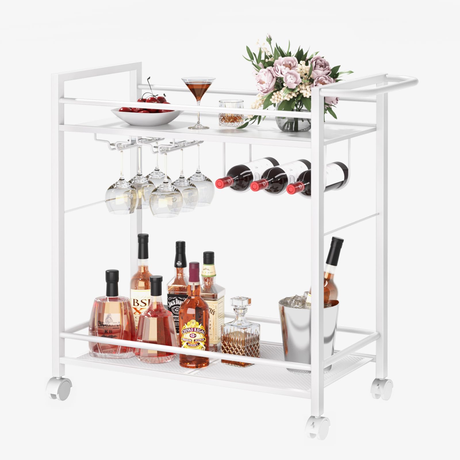 Bar Cart,Home Bar Serving Cart with Storage Shelves, 2 Tier Rolling Beverage Cart with Wheels, Modern Wine Cart with Wine Rack and Glass Holder for Kitchen, Living Room,Dinning Room,Black