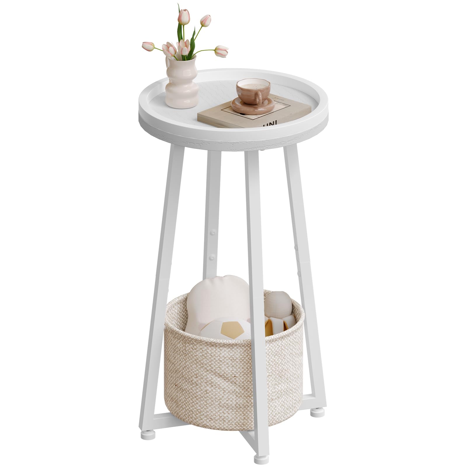 HOOBRO Small Round Side Table, 2-Tier Round Sofa End Table, Compact Nightstand with Cotton Linen Storage Basket, for Small Space, Living Room, Bedroom, Dorm, Rustic Brown BF183BZ01