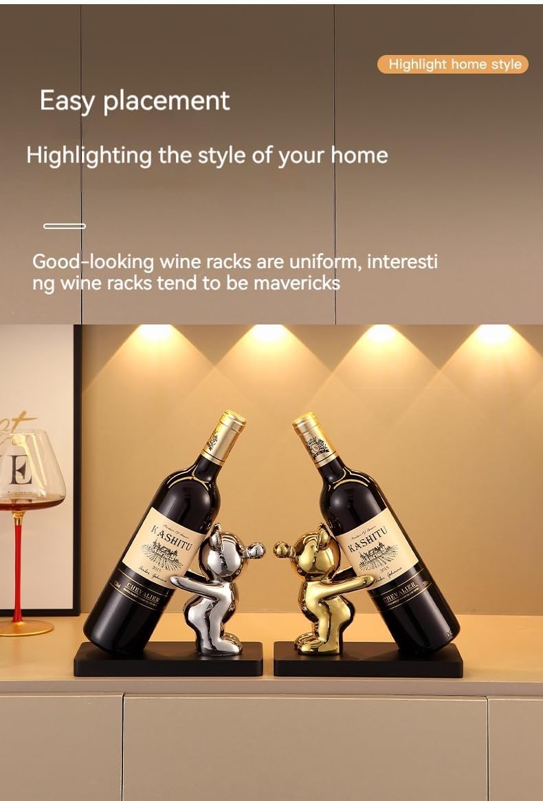 Decorative Wine Bottle Holder Stand, Gold and Silver Bear Figurines, 8.5 x 4 x 6.3 Inches, Set of 2,small wine rack,wine racks countertop,wine decor,gold wine rack,gift for wine lover,liquor display.