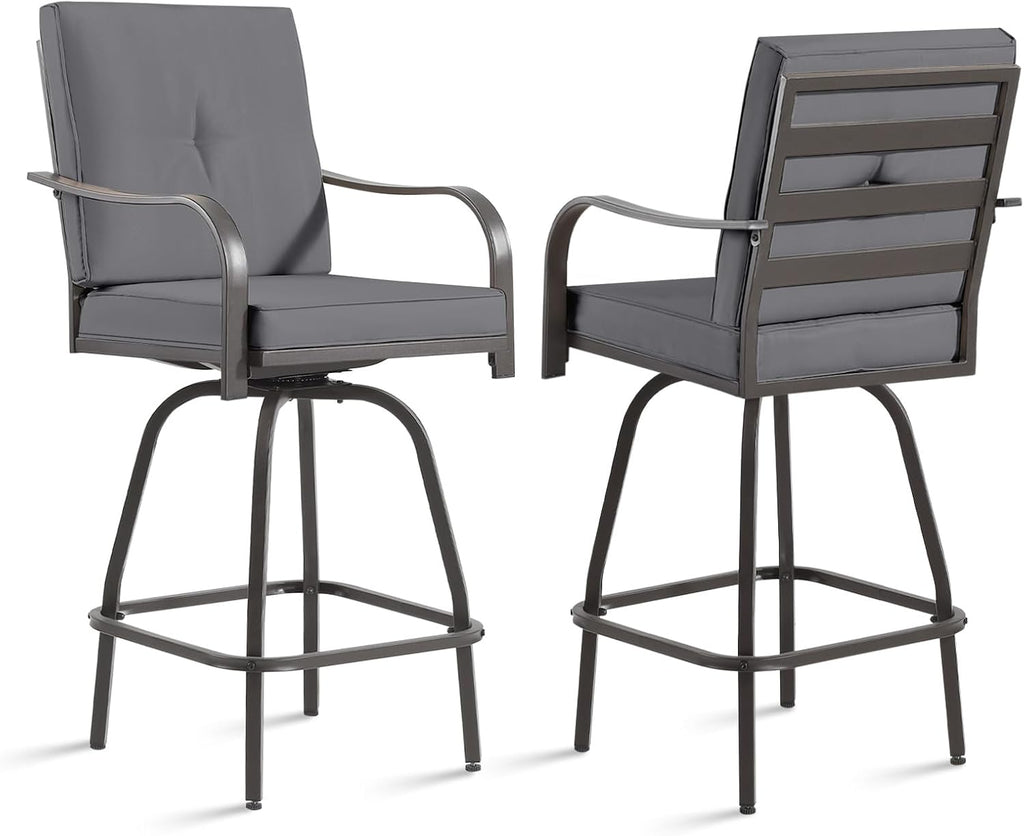 Patio Swivel Bar Stools Set of 2, Outdoor Bar Height Swivel Chairs with Cushions for Garden Balcony Backyard, Grey