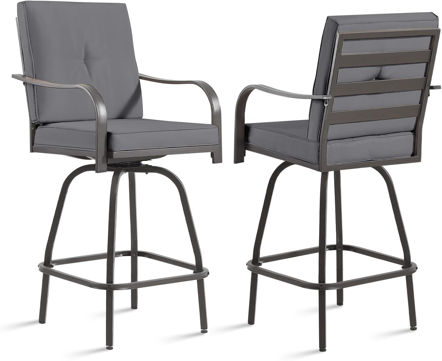 Patio Swivel Bar Stools Set of 2, Outdoor Bar Height Swivel Chairs with Cushions for Garden Balcony Backyard, Grey