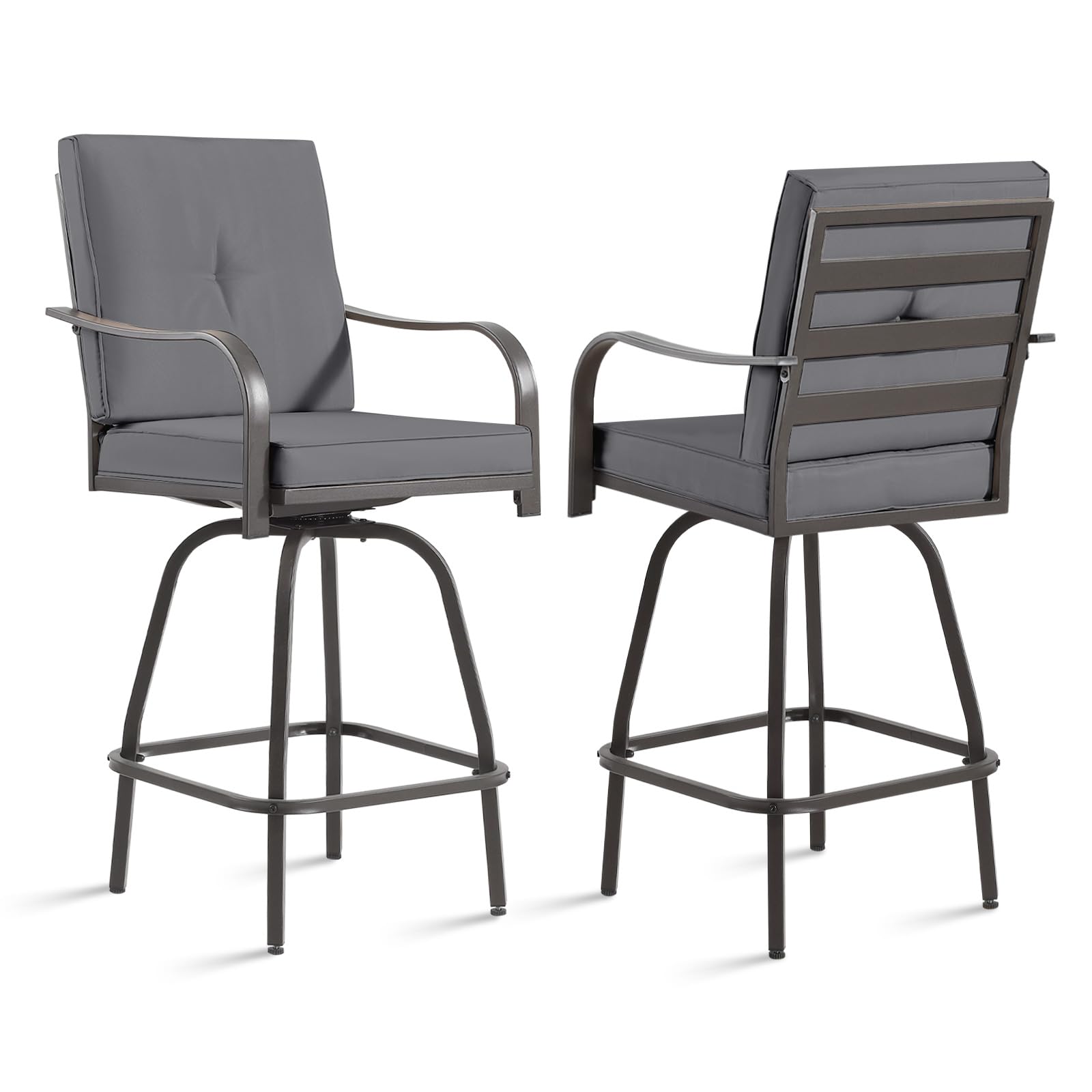 Patio Swivel Bar Stools Set of 2, Outdoor Bar Height Swivel Chairs with Cushions for Garden Balcony Backyard, Grey