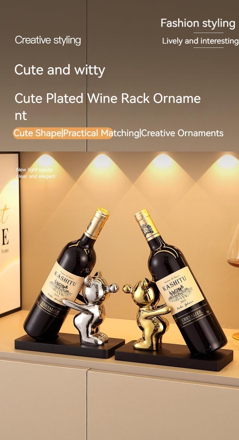 Decorative Wine Bottle Holder Stand, Gold and Silver Bear Figurines, 8.5 x 4 x 6.3 Inches, Set of 2,small wine rack,wine racks countertop,wine decor,gold wine rack,gift for wine lover,liquor display.