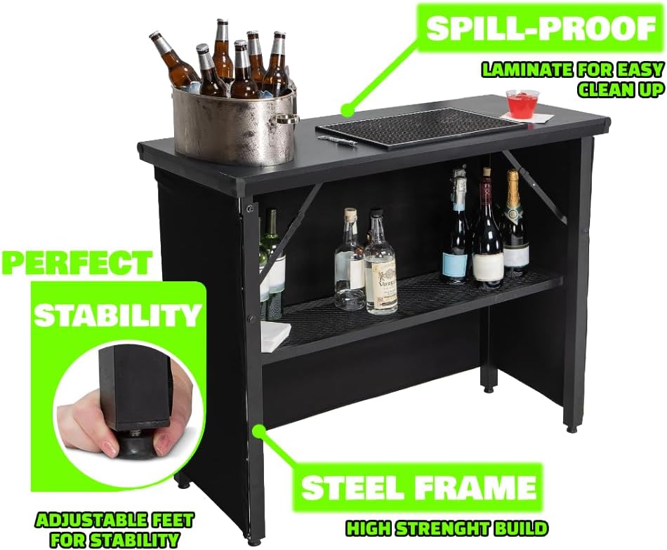 Professional Grade Outdoor Portable Bar Station with Black Skirt - Mobile Travel Table Set - Bartender Folding Stand Alone Counter Table