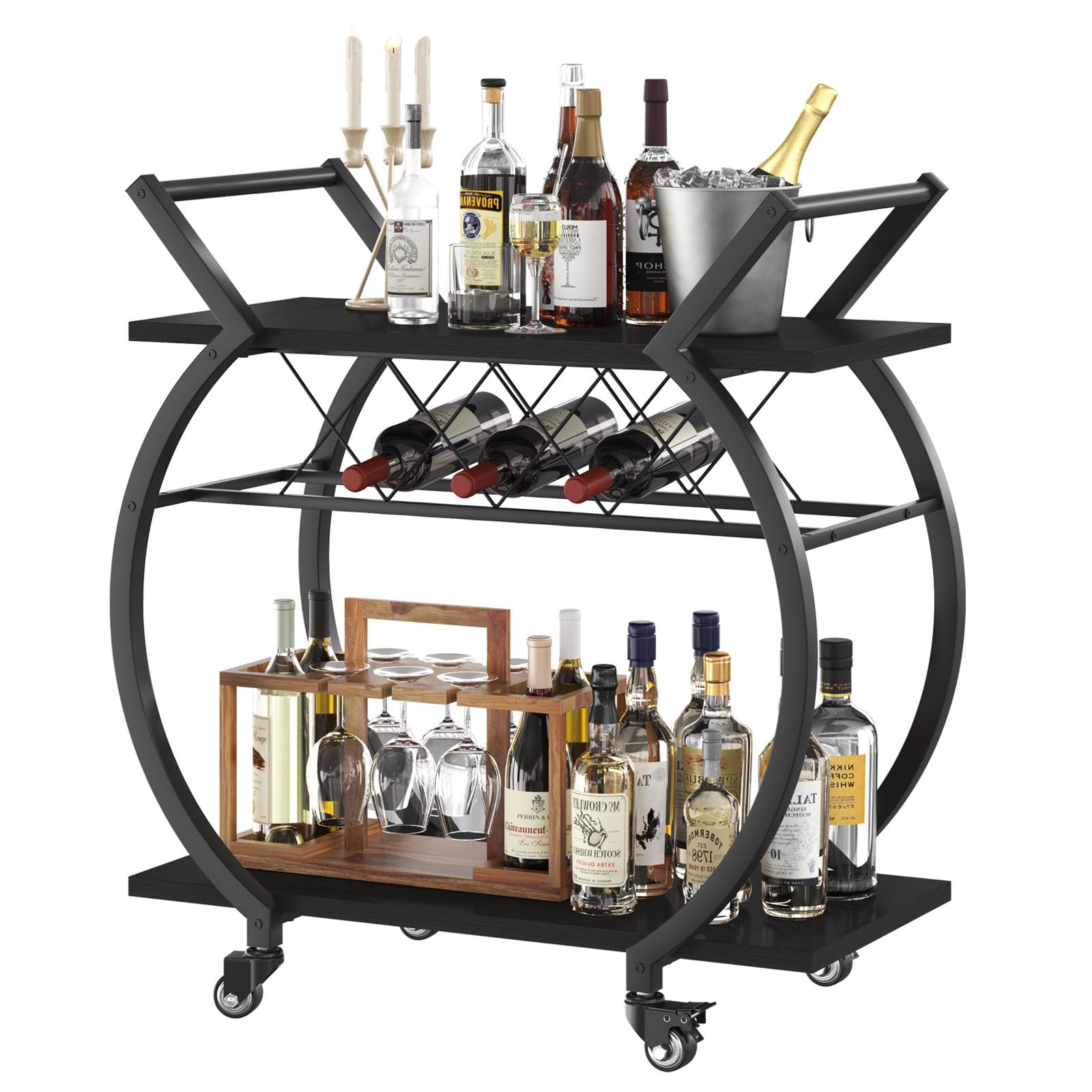 LVB Black Wine Cart with Wheels, Modern Bar Cart with Wine Rack, Industrial Beverage Rolling Kitchen Serving Cart with Storage, Metal Wooden Microwave Drink Liquor Cart for Home Dining Room, Black Oak