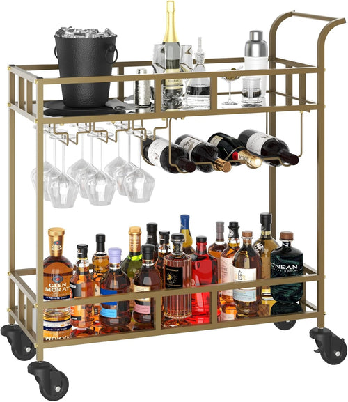 2-Tier Rolling Bar Cart with Mirrored Shelves, Portable Metal Beverage Cart with Wine Bottle Racks & Glass Holders, Compact Serving Cart on Wheels for Home, Kitchen, Dining Room, or Parties, Black