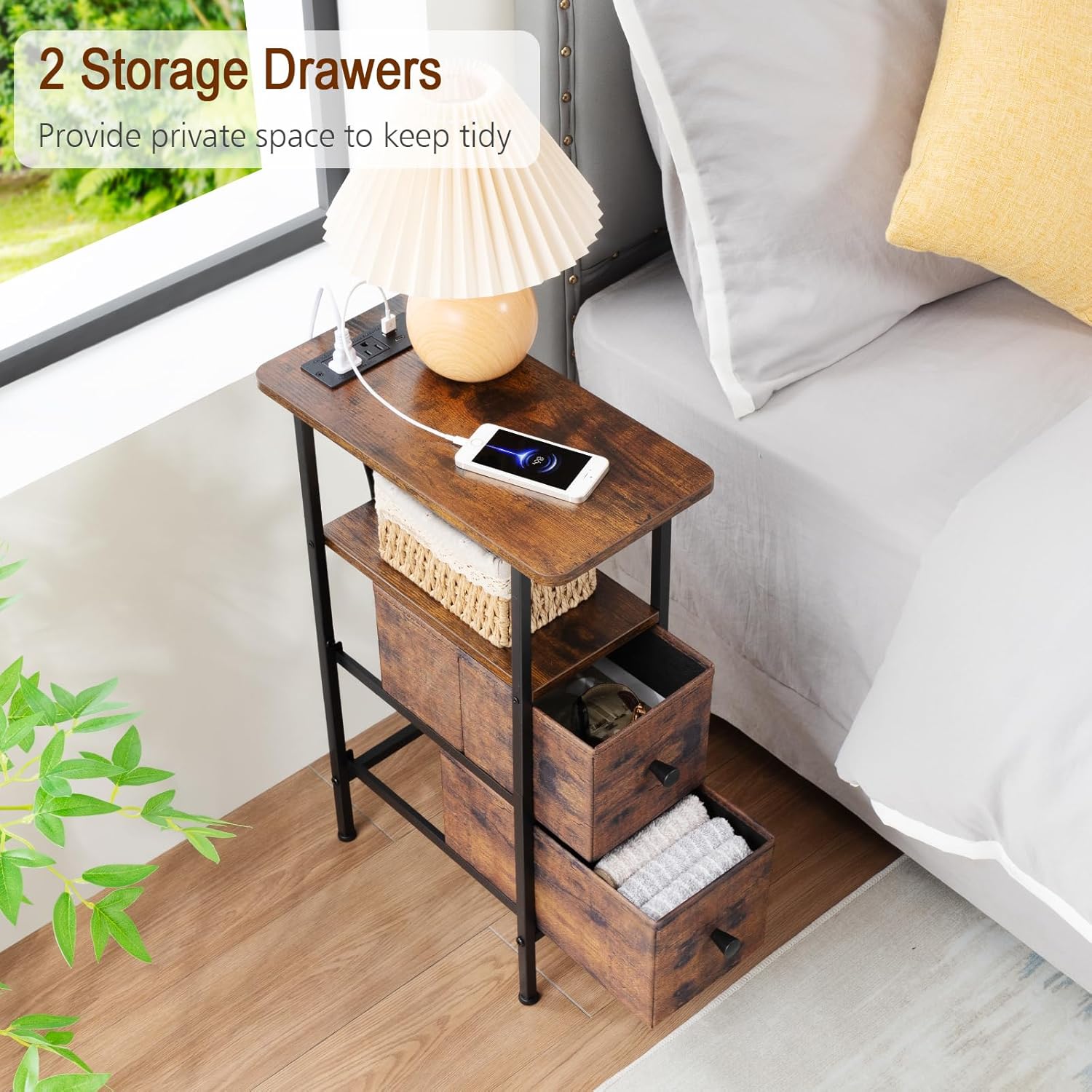 Narrow Nightstand with Charging Station, End Tables Living Room Set of 2, Skinny Side Table with Fabric Drawers, Slim Sofa Table for Bedroom, Small Spaces, Couch, Rustic Brown, HETNDP02PBR