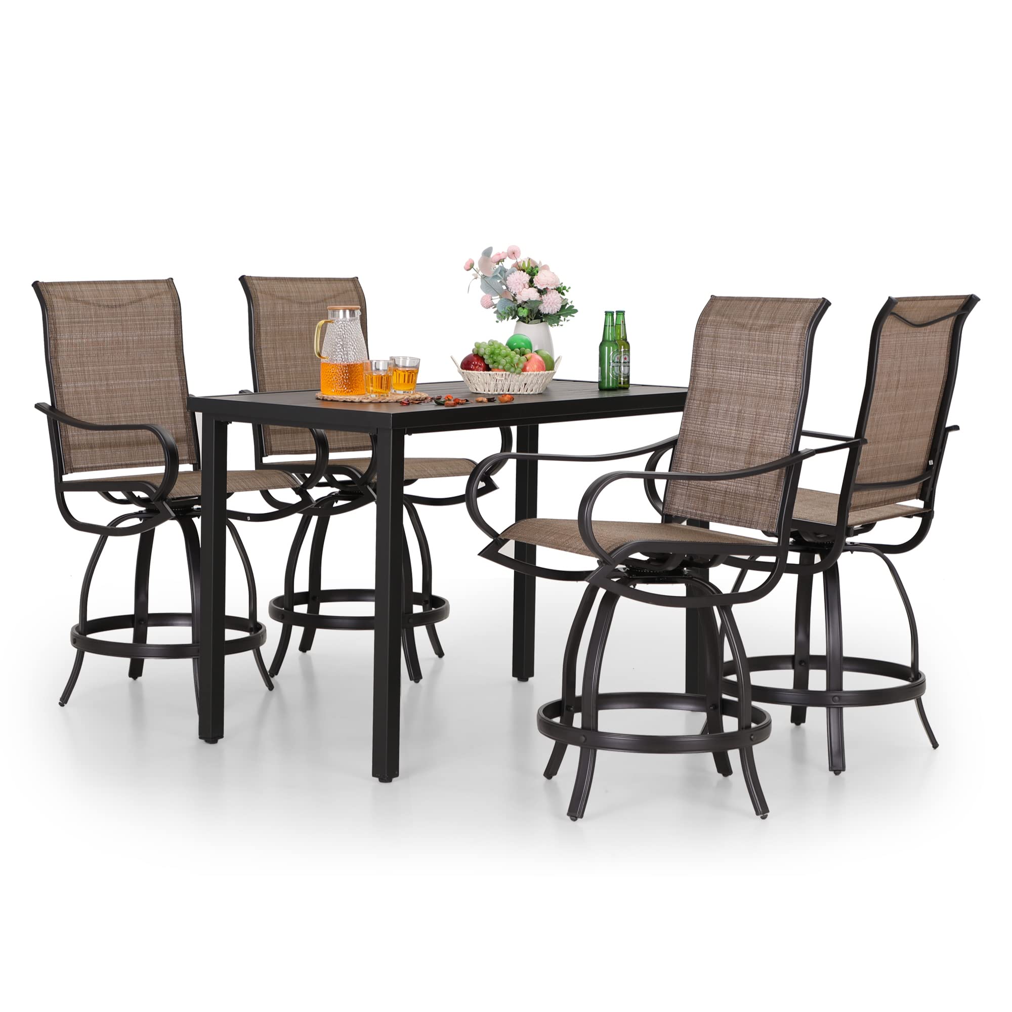 PHI Villa Outdoor Swivel Bar Stools Set of 4, Counter Height Patio Chairs with Waterproof Textile Fabric Brown, Rustproof Metal Frame & Circular Footrest for Poolside, Garden, Yard