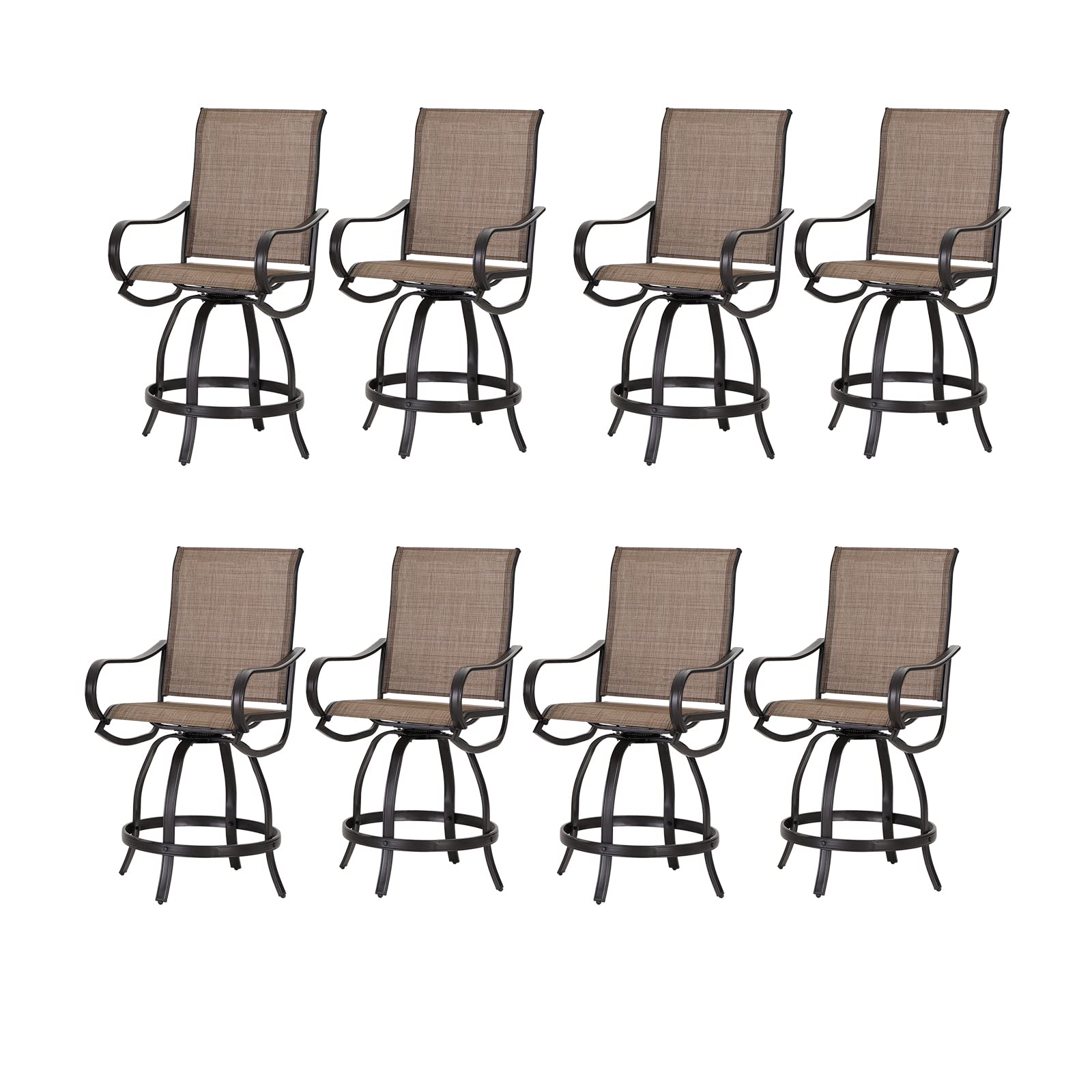 PHI Villa Outdoor Swivel Bar Stools Set of 4, Counter Height Patio Chairs with Waterproof Textile Fabric Brown, Rustproof Metal Frame & Circular Footrest for Poolside, Garden, Yard