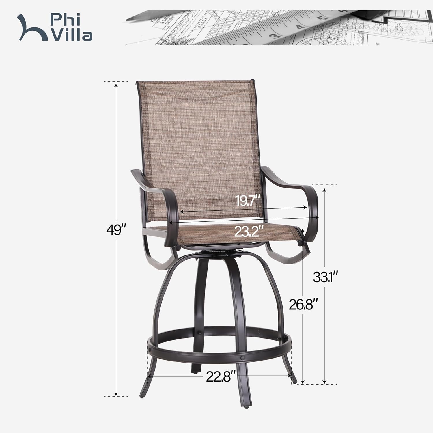 PHI Villa Outdoor Swivel Bar Stools Set of 4, Counter Height Patio Chairs with Waterproof Textile Fabric Brown, Rustproof Metal Frame & Circular Footrest for Poolside, Garden, Yard