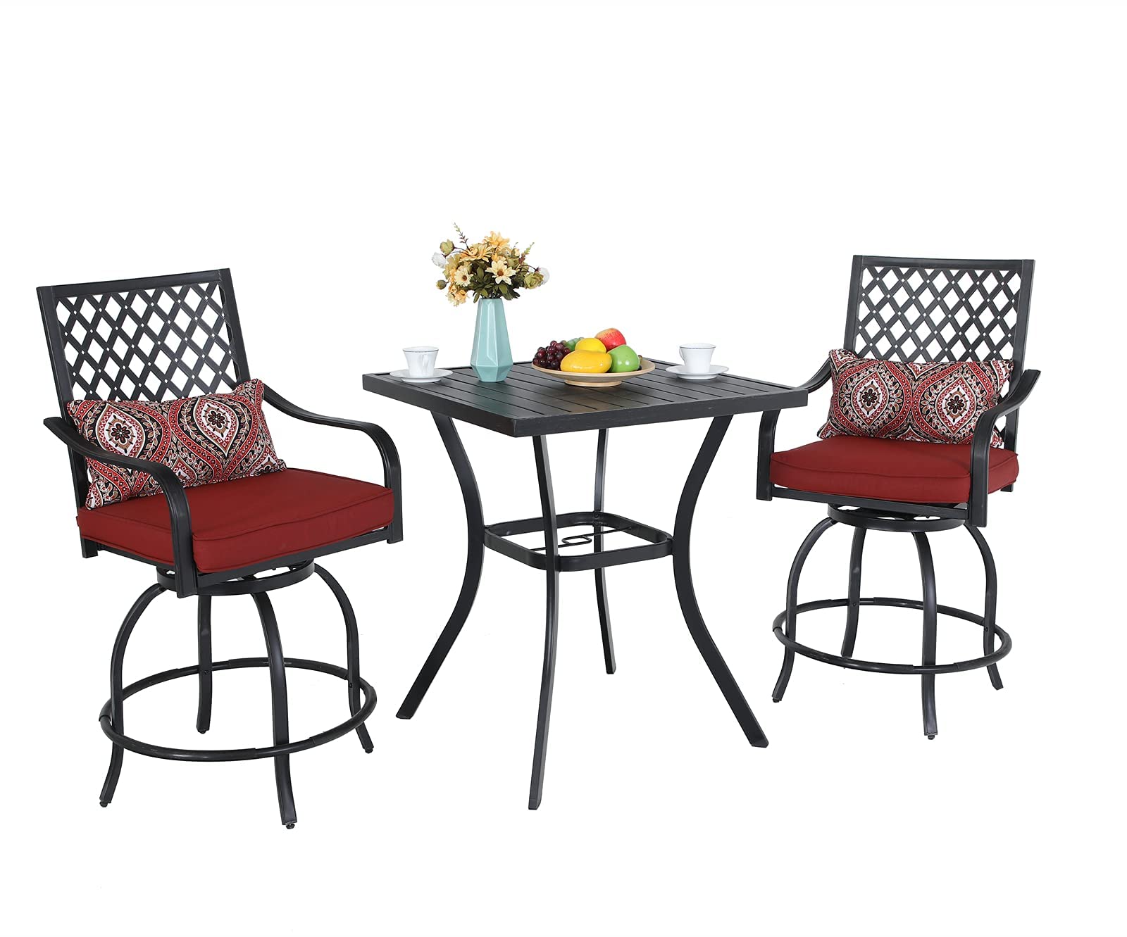 MFSTUDIO Outdoor Counter Height Bar Stool Set of 4, Swivel Rattan Backrest Metal Patio Bar Chair with Armrest and Cushion, All Weather Resistant Patio Chair, Grey