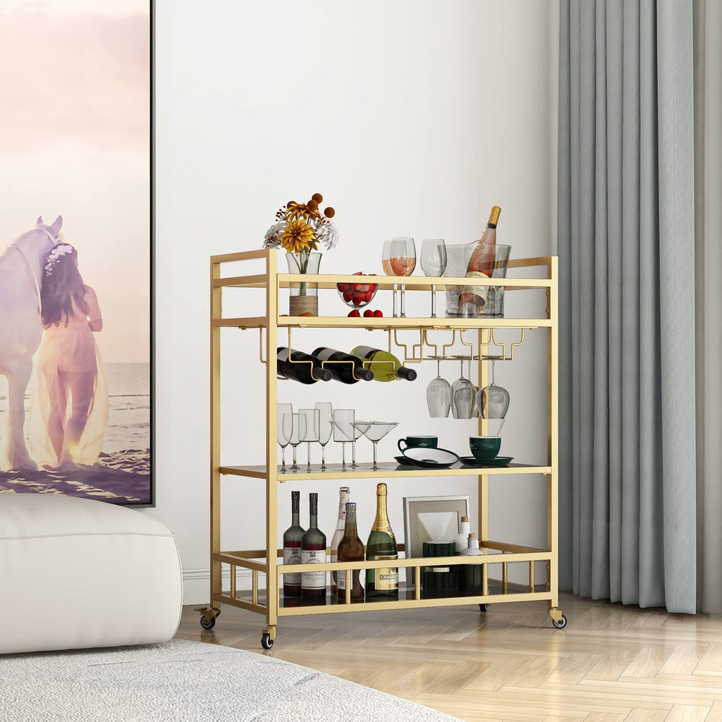 Square Gold Bar Carts with 3 Tier Storage Glass Shelves Holder Home Serving Bar Carts on Wheels for Kitchen, Bar, Dinning Room