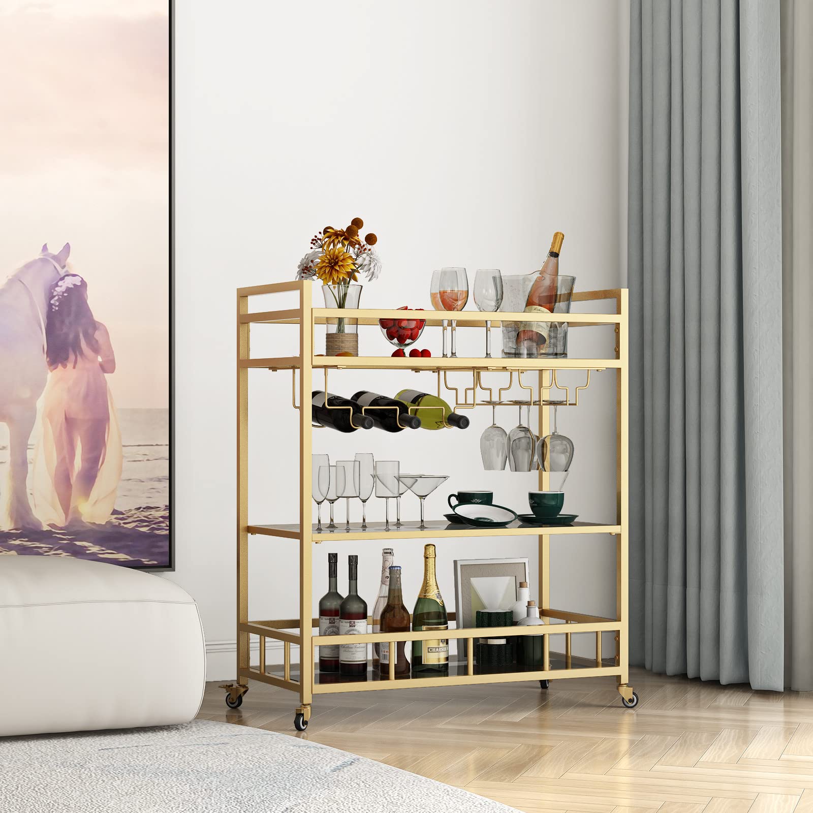Square Gold Bar Carts with 3 Tier Storage Glass Shelves Holder Home Serving Bar Carts on Wheels for Kitchen, Bar, Dinning Room