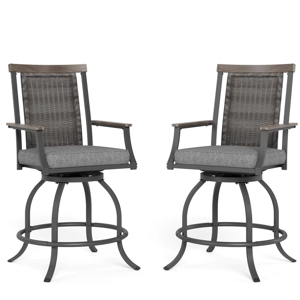 MFSTUDIO Outdoor Counter Height Bar Stool Set of 4, Swivel Rattan Backrest Metal Patio Bar Chair with Armrest and Cushion, All Weather Resistant Patio Chair, Grey
