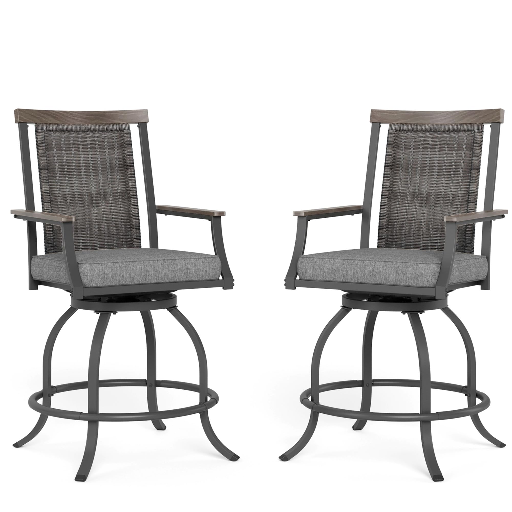 MFSTUDIO Outdoor Counter Height Bar Stool Set of 4, Swivel Rattan Backrest Metal Patio Bar Chair with Armrest and Cushion, All Weather Resistant Patio Chair, Grey