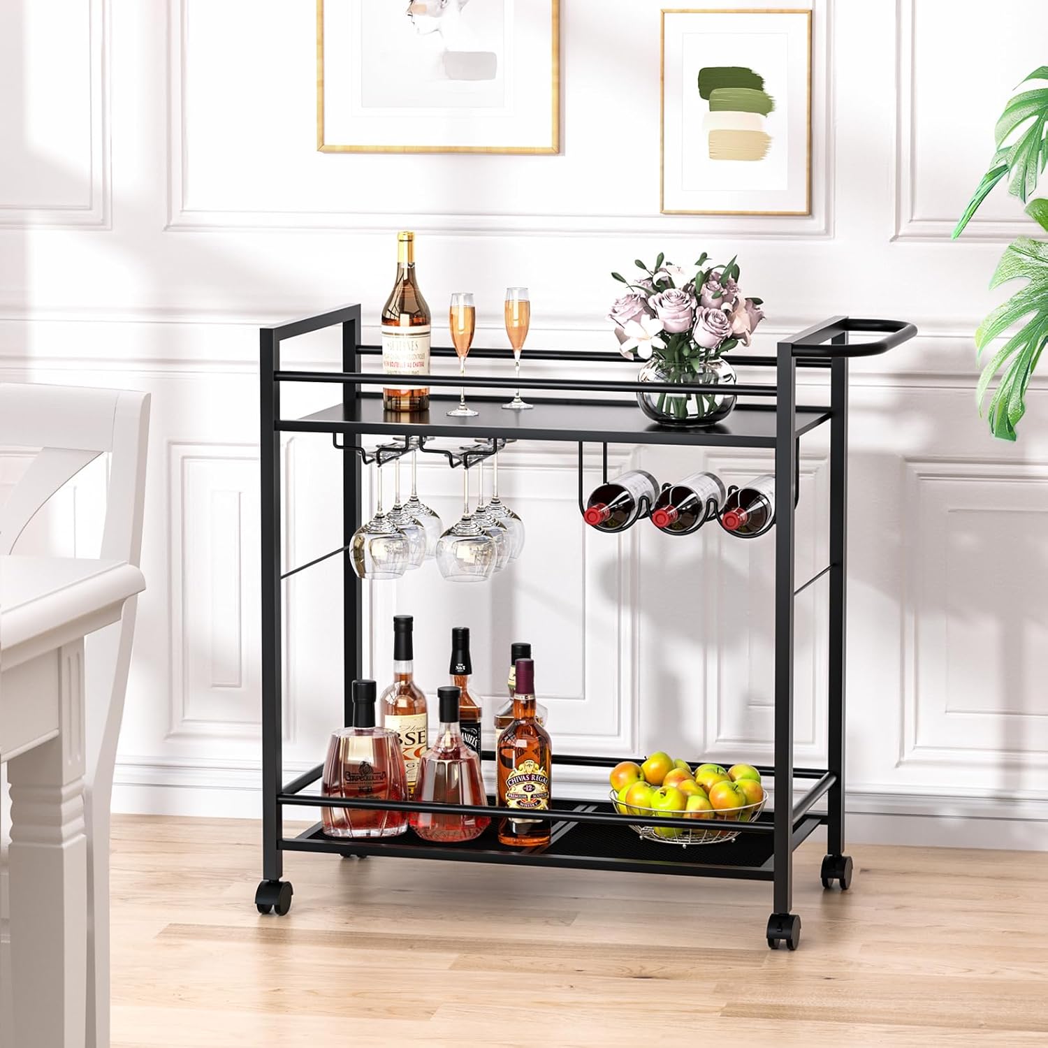 Bar Cart,Home Bar Serving Cart with Storage Shelves, 2 Tier Rolling Beverage Cart with Wheels, Modern Wine Cart with Wine Rack and Glass Holder for Kitchen, Living Room,Dinning Room,Black