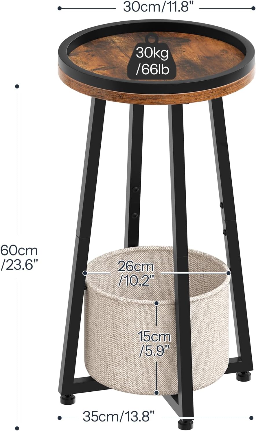 HOOBRO Small Round Side Table, 2-Tier Round Sofa End Table, Compact Nightstand with Cotton Linen Storage Basket, for Small Space, Living Room, Bedroom, Dorm, Rustic Brown BF183BZ01