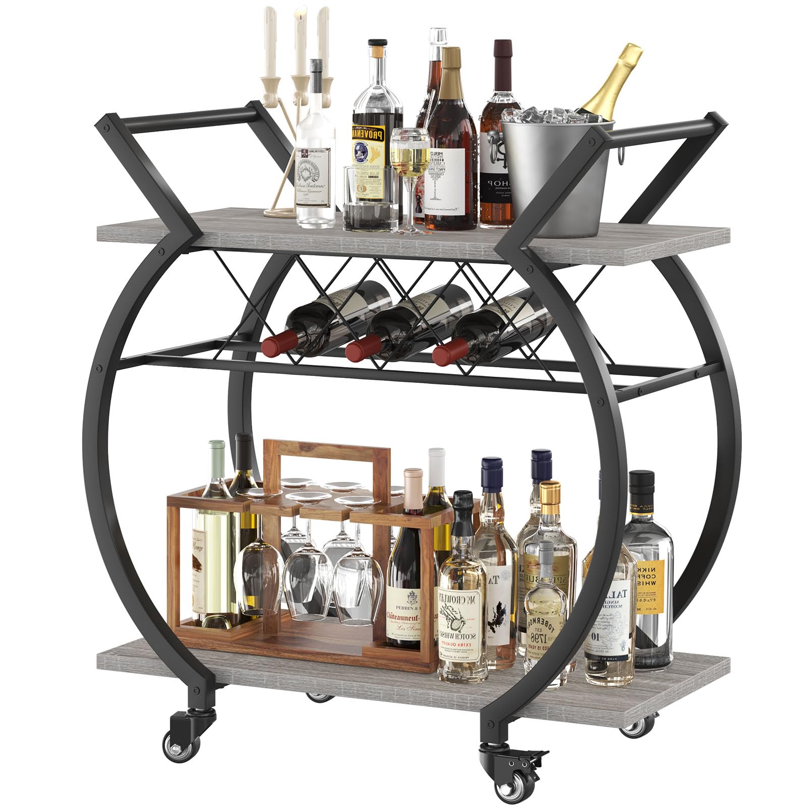 LVB Black Wine Cart with Wheels, Modern Bar Cart with Wine Rack, Industrial Beverage Rolling Kitchen Serving Cart with Storage, Metal Wooden Microwave Drink Liquor Cart for Home Dining Room, Black Oak