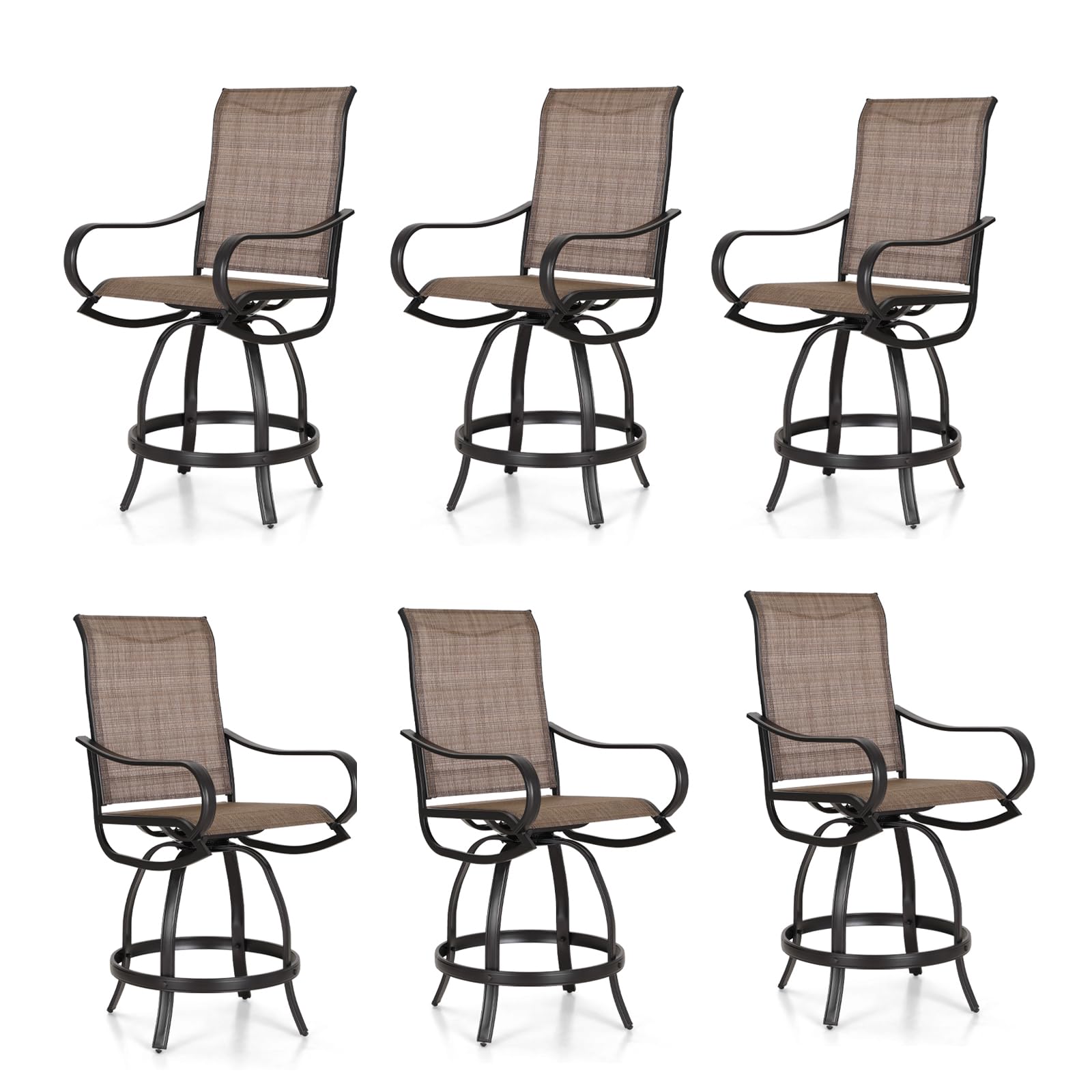 PHI Villa Outdoor Swivel Bar Stools Set of 4, Counter Height Patio Chairs with Waterproof Textile Fabric Brown, Rustproof Metal Frame & Circular Footrest for Poolside, Garden, Yard