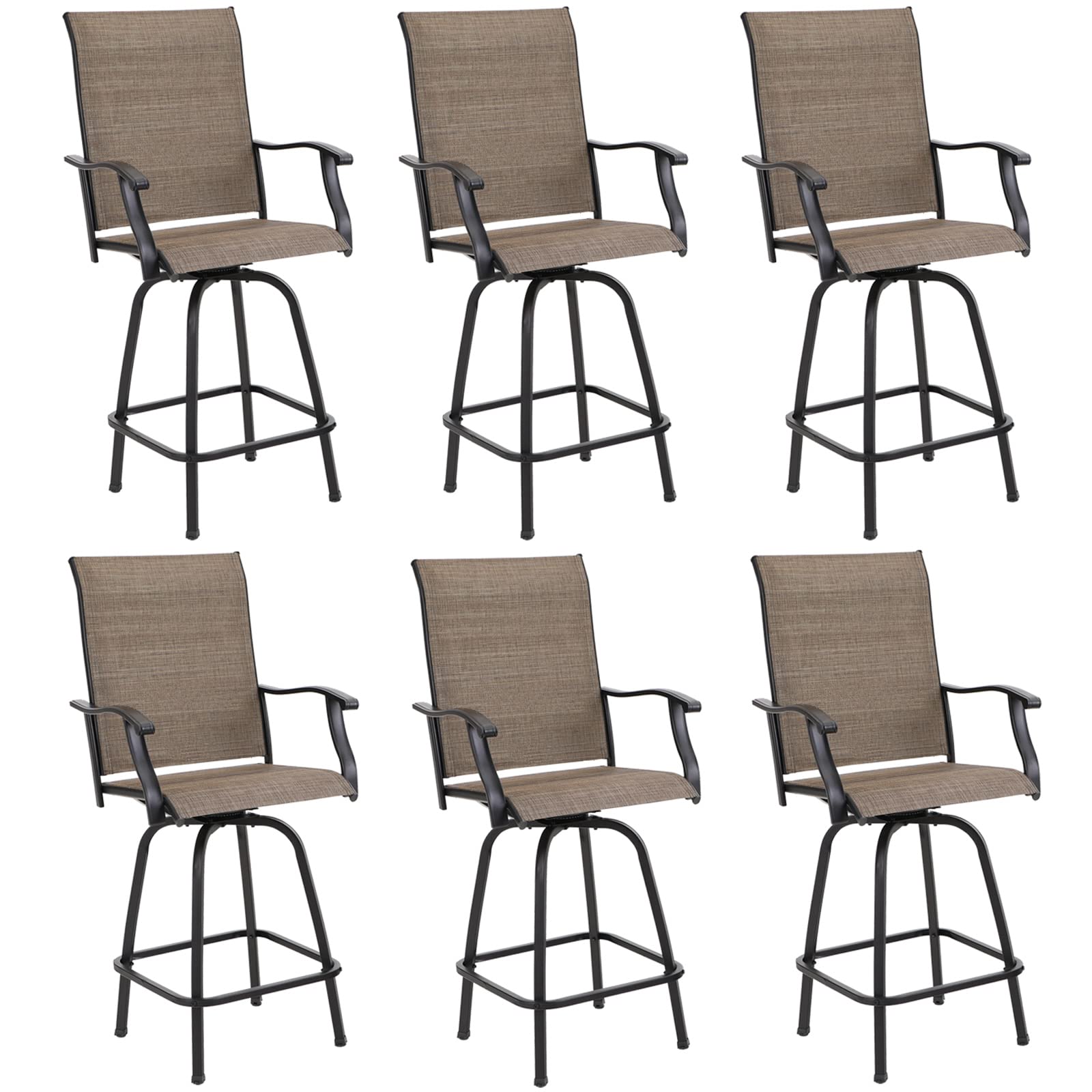 PHI VILLA Outdoor Swivel Bar Stools Set of 2, High Top Patio Chairs with Padded Textilene Seating, All-Weather Bar Height Furniture for Kitchen or Outside, Padded Brown Textilene