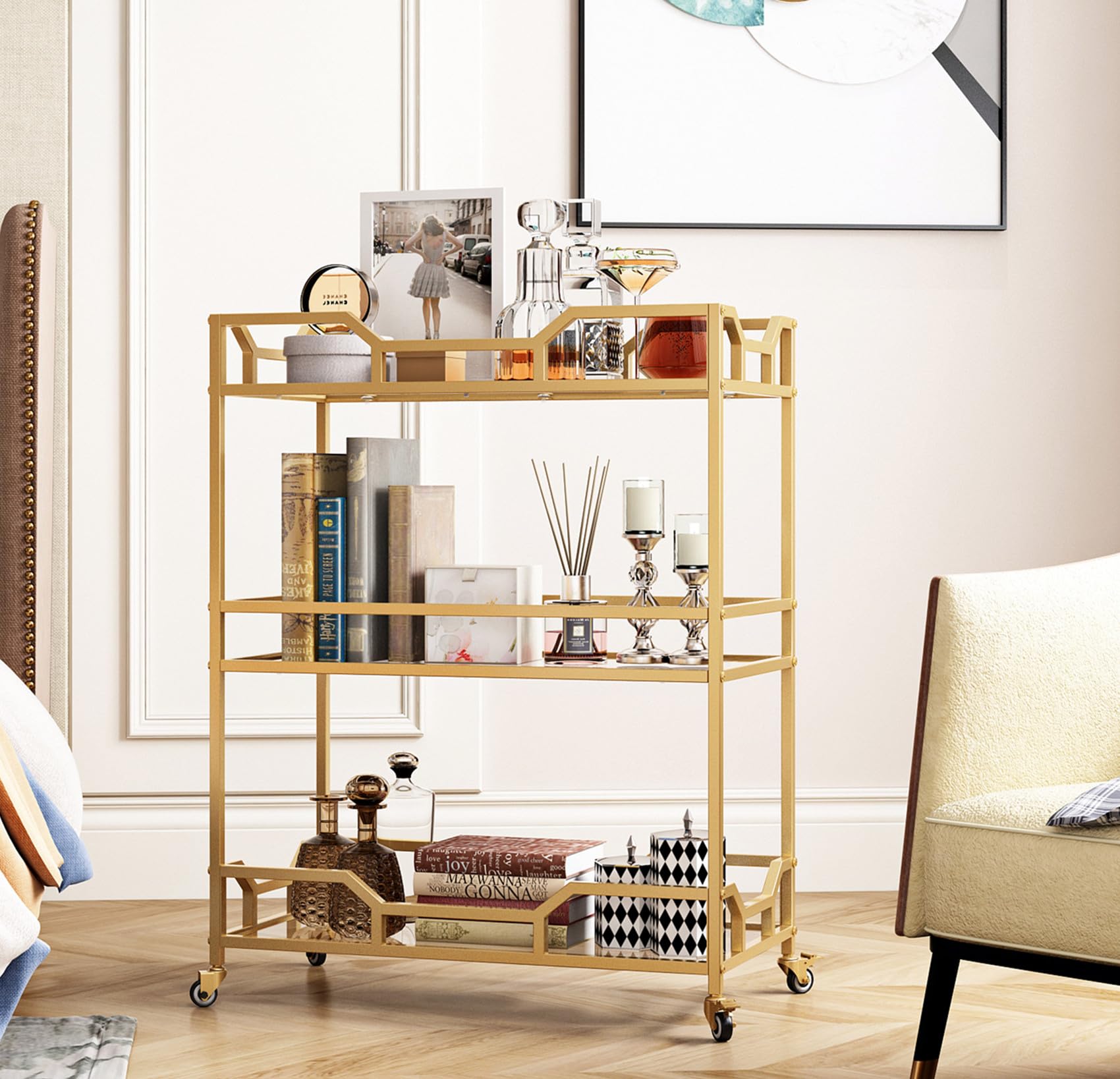 Square Gold Bar Carts with 3 Tier Storage Glass Shelves Holder Home Serving Bar Carts on Wheels for Kitchen, Bar, Dinning Room