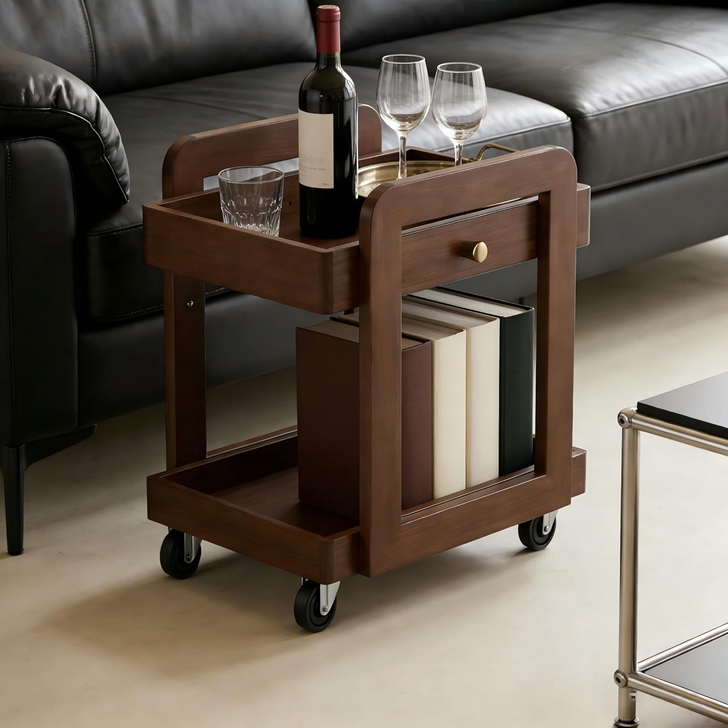 Solid Wood Bar Cart with Drawer, 2-Tier Mobile Side Table with Universal Wheels, Walnut Finish Storage Trolley for Living Room, Tea Room, Bedroom