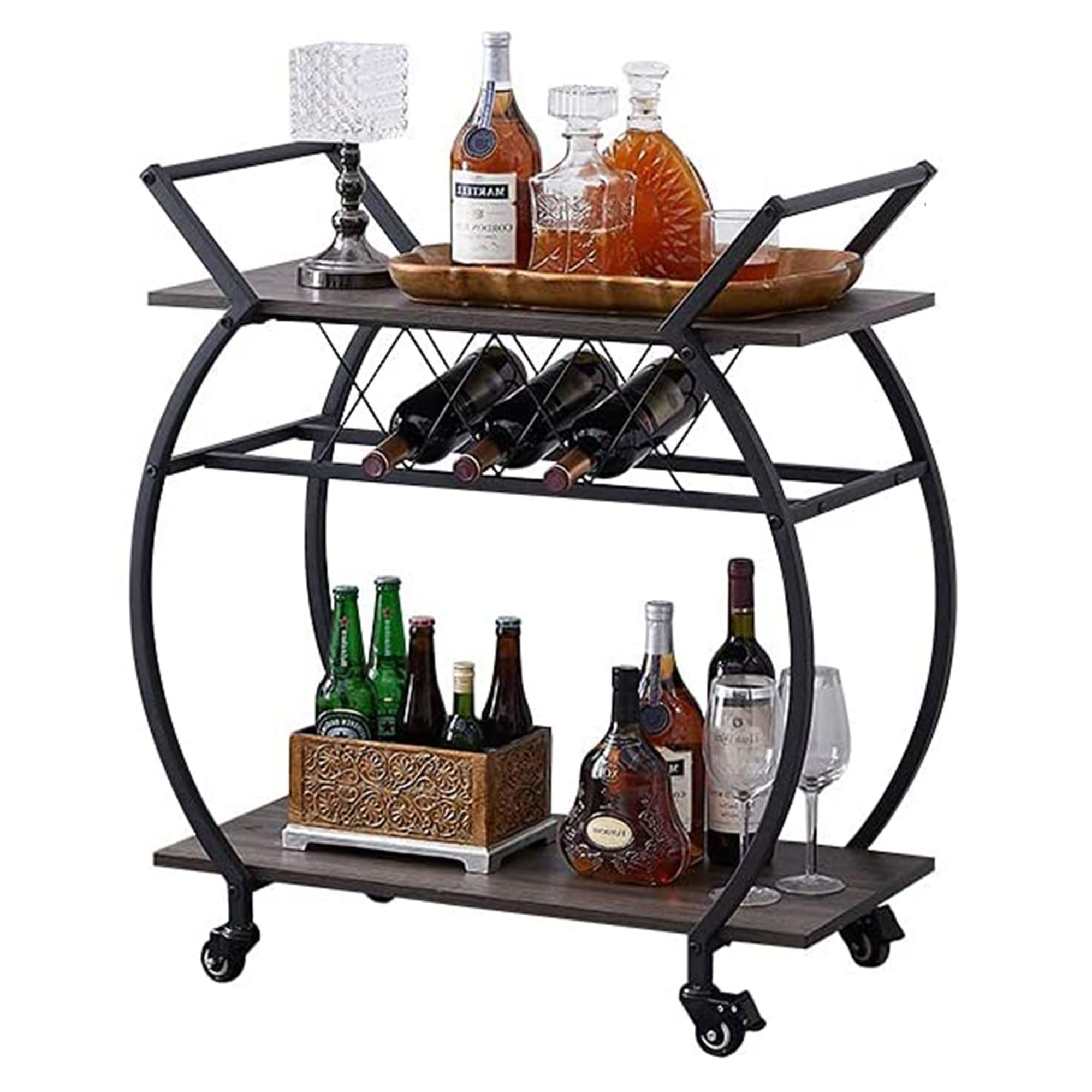 LVB Black Wine Cart with Wheels, Modern Bar Cart with Wine Rack, Industrial Beverage Rolling Kitchen Serving Cart with Storage, Metal Wooden Microwave Drink Liquor Cart for Home Dining Room, Black Oak
