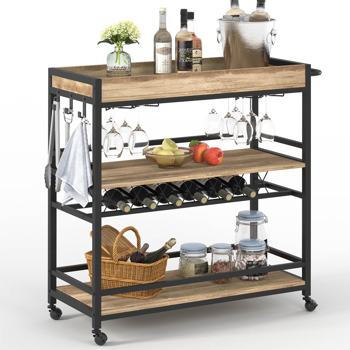 BON AUGURE Bar Cart, Home Bar Serving Cart on Wheels, Mobile 3 Tier Liquor Beverage Carts with Wine Rack and Glass Holder (Grey Oak)