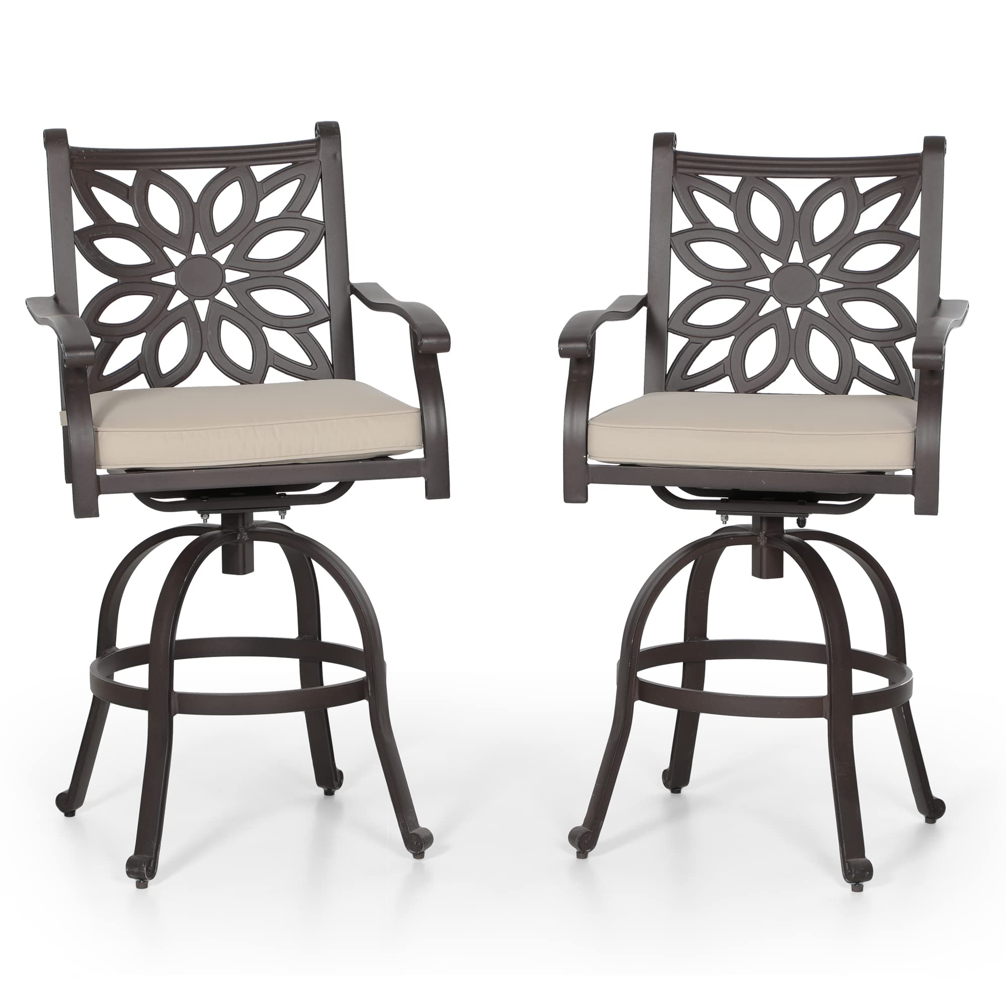 PHI VILLA Outdoor Swivel Bar Stools Set of 4, Cast Aluminum Patio Pub Height Bar Stool & Chairs with Seat Cushion