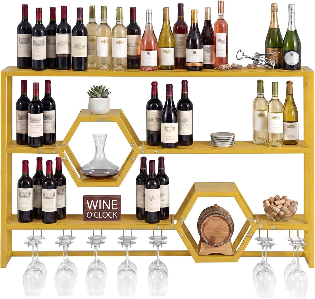 COSTWAY Wall Mounted Wine Rack, 3-Tier Metal Modern Liquor Shelves with 7 Glass Holders, Heavy-Duty Floating Rack Display Wine Bottle Storage Organizer for Kitchen, Dining Room, Home Bar (Black)