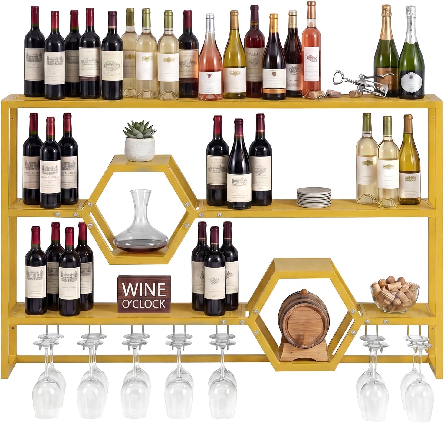 COSTWAY Wall Mounted Wine Rack, 3-Tier Metal Modern Liquor Shelves with 7 Glass Holders, Heavy-Duty Floating Rack Display Wine Bottle Storage Organizer for Kitchen, Dining Room, Home Bar (Black)