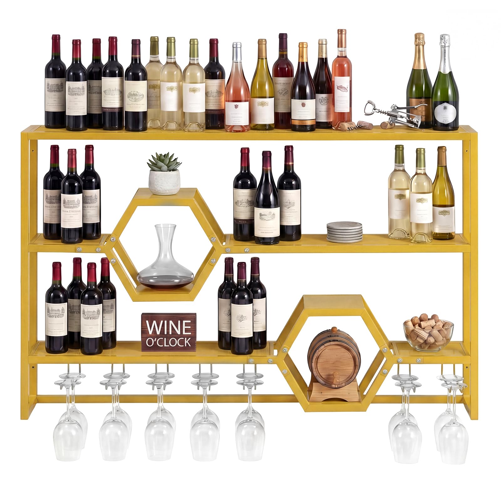 COSTWAY Wall Mounted Wine Rack, 3-Tier Metal Modern Liquor Shelves with 7 Glass Holders, Heavy-Duty Floating Rack Display Wine Bottle Storage Organizer for Kitchen, Dining Room, Home Bar (Black)