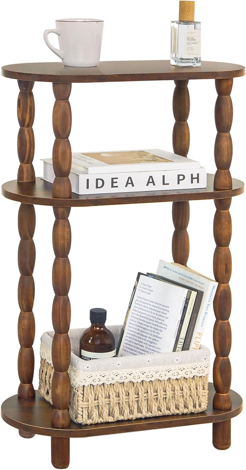 MaxSmeo Small Narrow Side Table, 3-Tier Narrow End Table with Storage, Skinny Side Table Nightstand for Small Space, Bedrooms, Living Room (Rustic Brown)