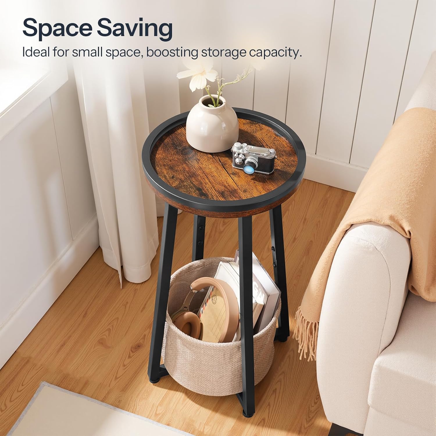 HOOBRO Small Round Side Table, 2-Tier Round Sofa End Table, Compact Nightstand with Cotton Linen Storage Basket, for Small Space, Living Room, Bedroom, Dorm, Rustic Brown BF183BZ01
