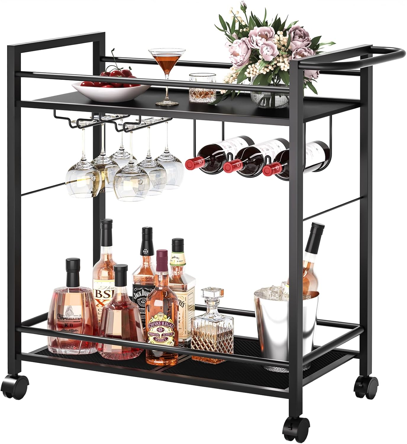 Bar Cart,Home Bar Serving Cart with Storage Shelves, 2 Tier Rolling Beverage Cart with Wheels, Modern Wine Cart with Wine Rack and Glass Holder for Kitchen, Living Room,Dinning Room,Black