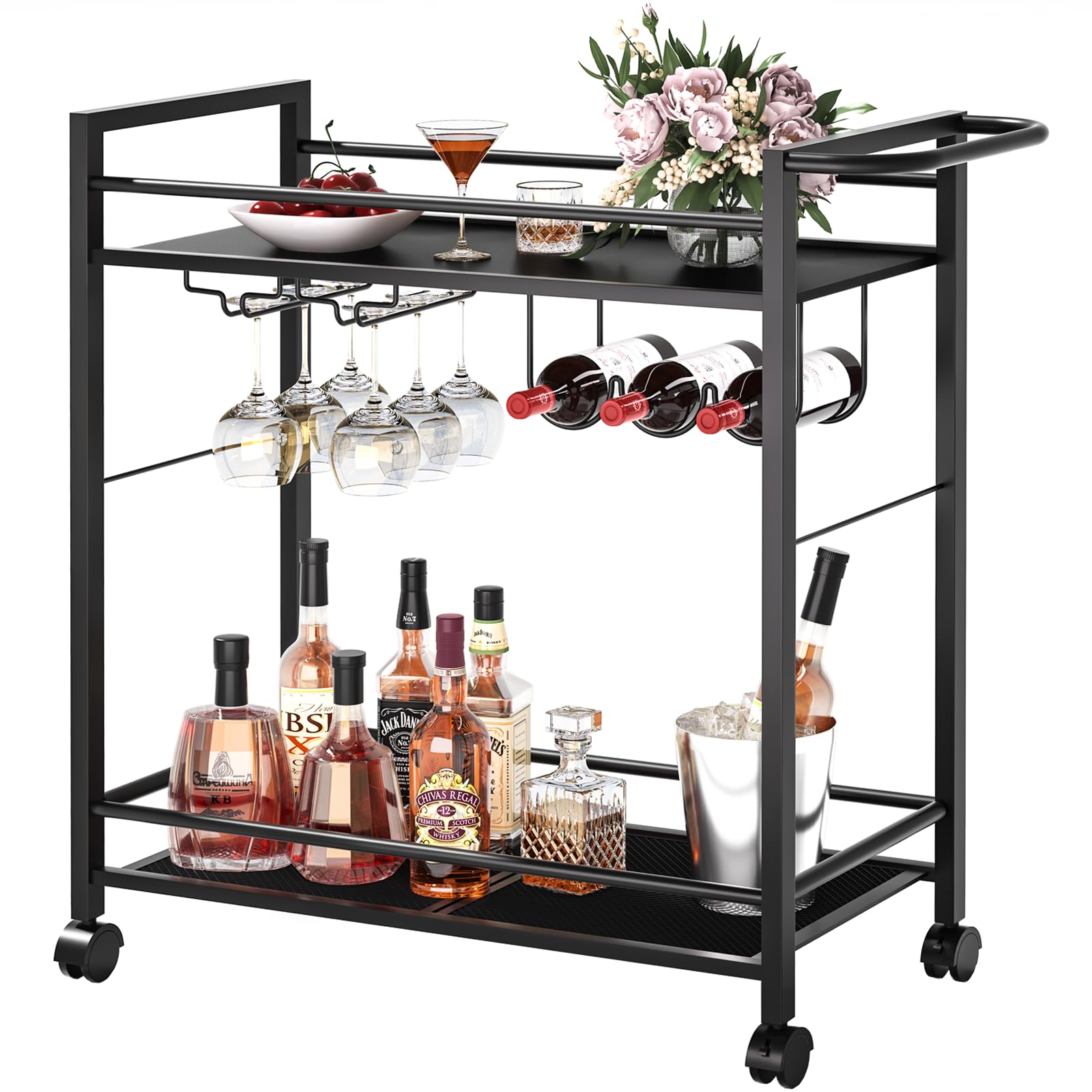 Bar Cart,Home Bar Serving Cart with Storage Shelves, 2 Tier Rolling Beverage Cart with Wheels, Modern Wine Cart with Wine Rack and Glass Holder for Kitchen, Living Room,Dinning Room,Black