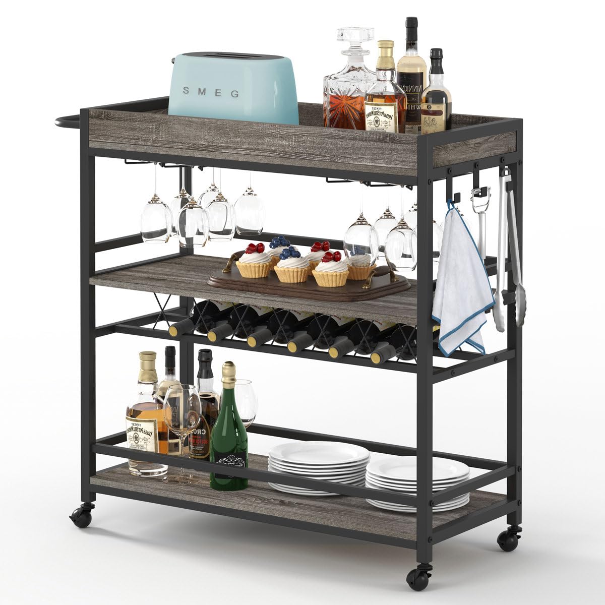 BON AUGURE Bar Cart, Home Bar Serving Cart on Wheels, Mobile 3 Tier Liquor Beverage Carts with Wine Rack and Glass Holder (Grey Oak)
