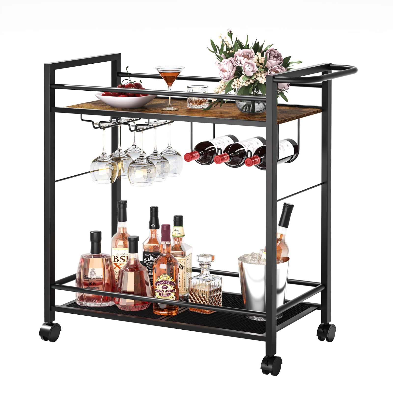 Bar Cart,Home Bar Serving Cart with Storage Shelves, 2 Tier Rolling Beverage Cart with Wheels, Modern Wine Cart with Wine Rack and Glass Holder for Kitchen, Living Room,Dinning Room,Black
