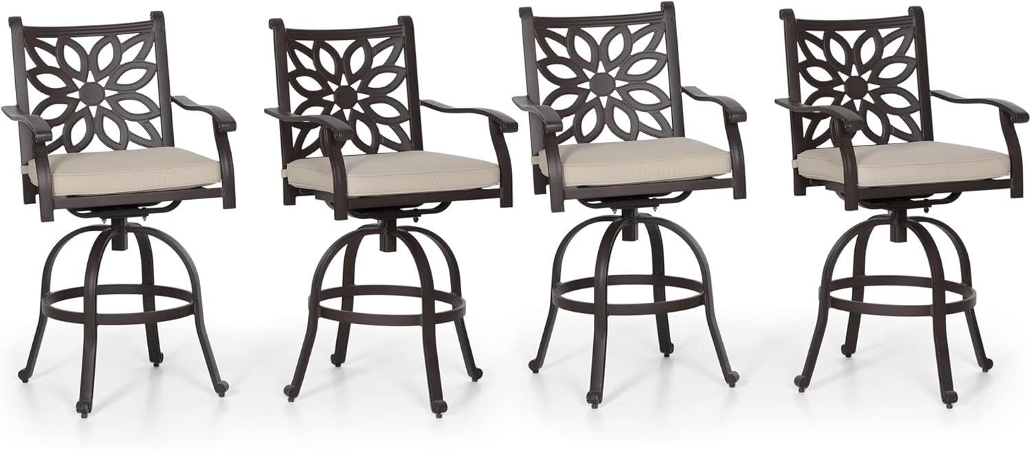 PHI VILLA Outdoor Swivel Bar Stools Set of 4, Cast Aluminum Patio Pub Height Bar Stool & Chairs with Seat Cushion