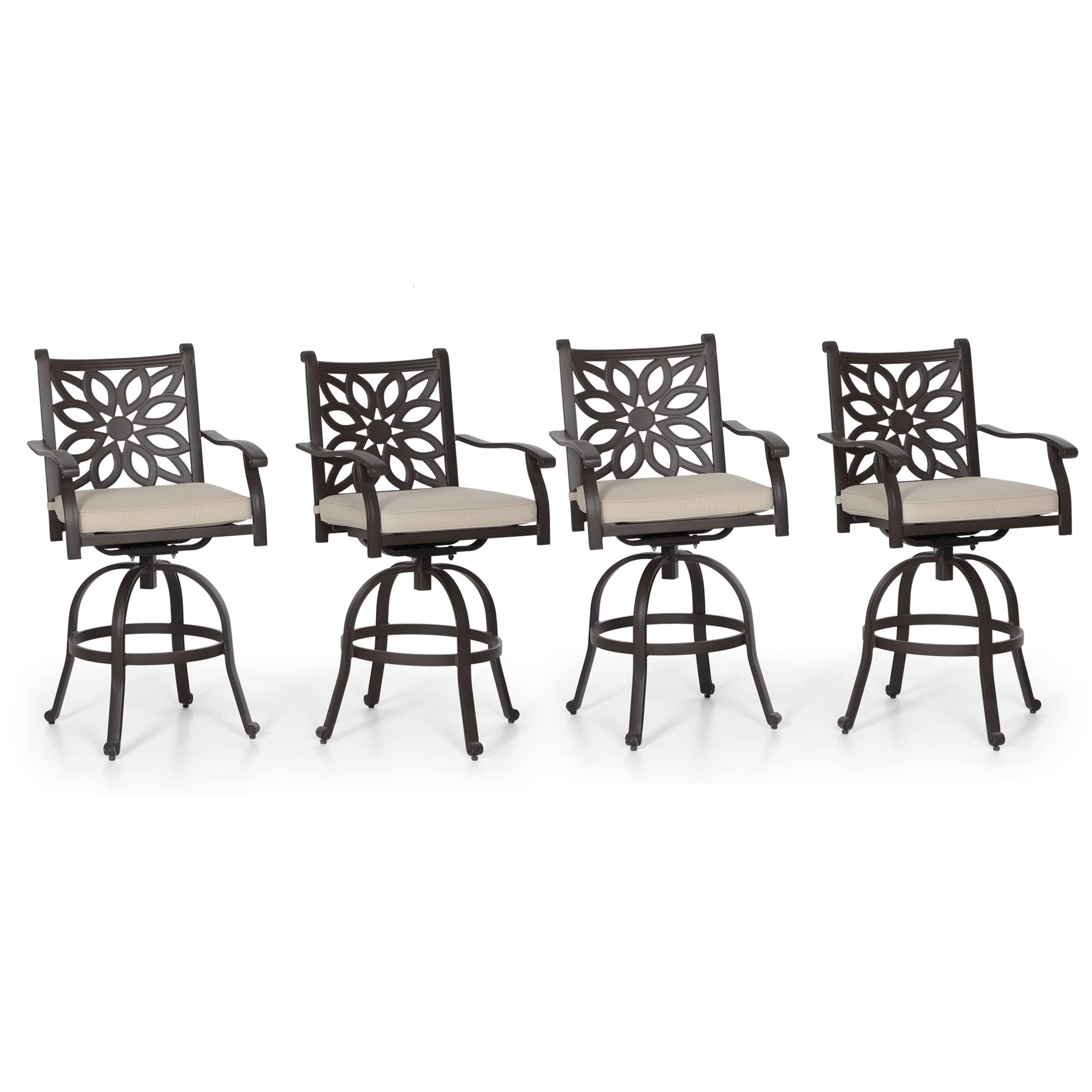 PHI VILLA Outdoor Swivel Bar Stools Set of 4, Cast Aluminum Patio Pub Height Bar Stool & Chairs with Seat Cushion