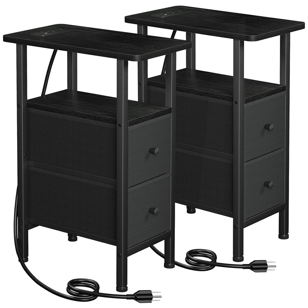 Narrow Nightstand with Charging Station, End Tables Living Room Set of 2, Skinny Side Table with Fabric Drawers, Slim Sofa Table for Bedroom, Small Spaces, Couch, Rustic Brown, HETNDP02PBR